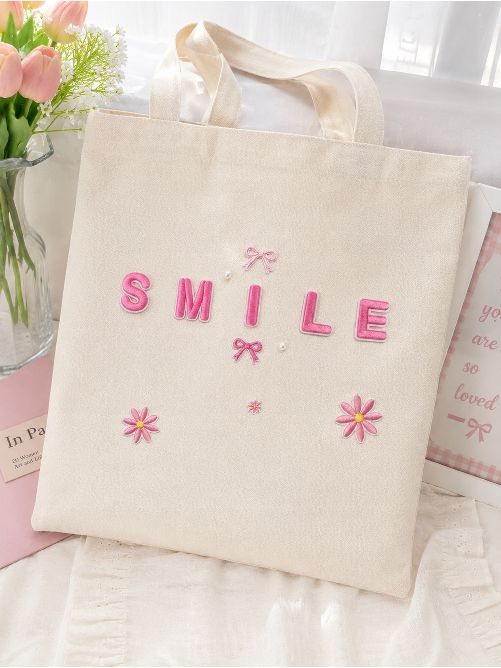 Handmade Cream Canvas Tote Bag with Pink SMILE Embroidery